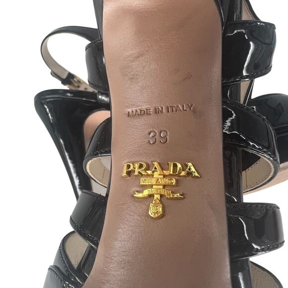 Prada Patent Leather Vitello Strappy Open Toe Heeled Sandals in Black - Picture 13 of 14